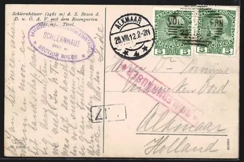 AK Schlernhaus, Hütte d. S. Bozen des D. u. Ö. Alpenverein, mit dem Rosengarten