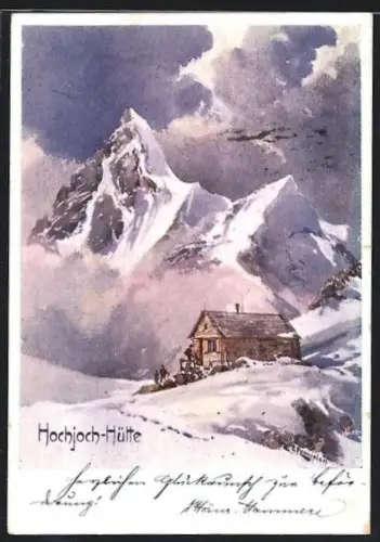 Künstler-AK Edward Theodore Compton: Hochjoch-Hütte, Berghütte im Winter
