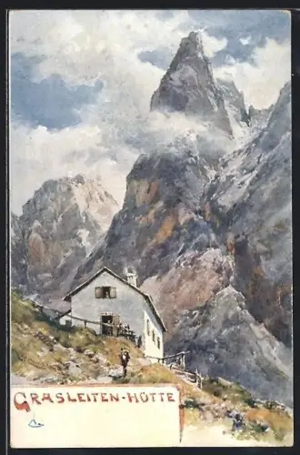 Künstler-AK P.Schmohl: Grasleiten-Hütte, Partie an der Berghütte mit Berggipfel