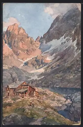 Künstler-AK Edward Theodore Compton: Karlsbader Hütte, Ansicht gegen die Berge