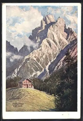 Künstler-AK Deutscher Schulverein NR. 1478, Bruno Hess: Mödlinger Brücke gegen Reichenstein (Gesäuse)