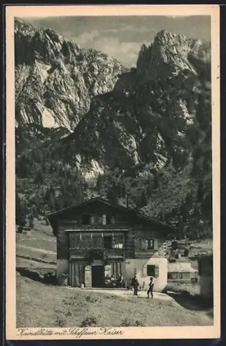 AK Kaindlhütte, Ansicht der Berghütte mit Scheffauer Kaiser