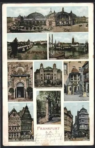 AK Frankfurt a. M., Ratskellerportal, Hainerhof und Lutherhaus, Hauptbahnhof mit Strassenbahn