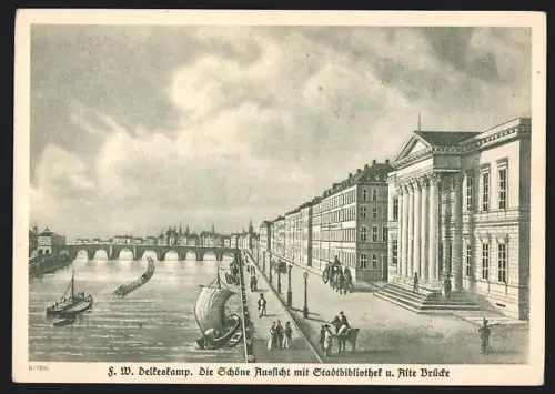 AK Frankfurt a.M., Partie im Ort mit Stadtbibliothek und Alter Brücke, Segelschiffe