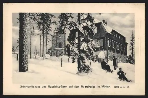 AK Auersberg, Unterkunftshaus und Aussichts-Turm im Winter