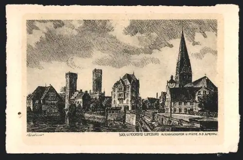 Künstler-AK Lüneburg, Altenbrückertor und Partie a. d. Ilmenau