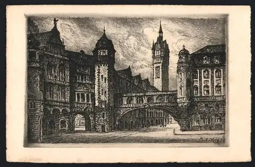 Künstler-AK Frankfurt a. M., Strassenpartie am Rathaus