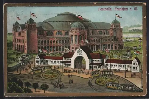 Künstler-AK Frankfurt-Westend, Festhalle mit Strassenbahnen aus der Vogelschau