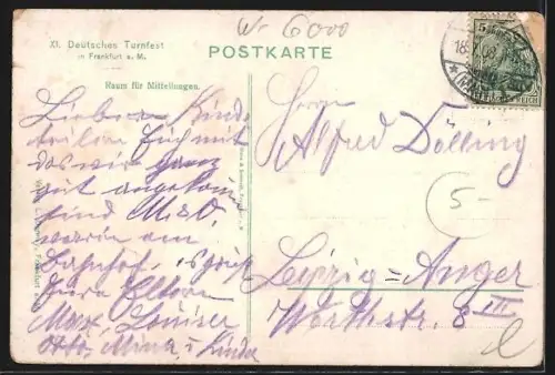 Künstler-AK Frankfurt-Westend, Festhalle mit Strassenbahnen aus der Vogelschau