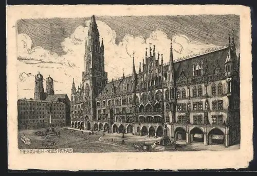 Künstler-AK München, Neues Rathaus mit Strassenbahn