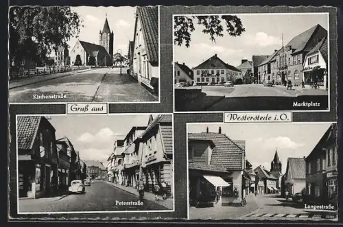 AK Westerstede i. O., auf dem Marktplatz, in der Kirchenstrasse, in der Peterstrasse, Blick in die Langestrasse