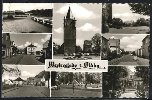 AK Westerstede i. Oldbg., Kirche mit Gedenkstein, Spielplatz, Strassenpartie