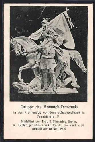 AK Frankfurt a. M., Gruppe des Bismarck-Denkmals in der Promenade vor dem Schauspielhaus
