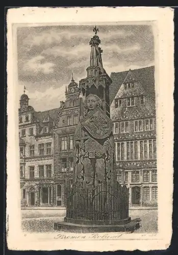 Künstler-AK Bremen, Roland mit Strassenpartie