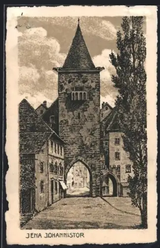 Künstler-AK Jena, Johannistor mit Strassenpartie