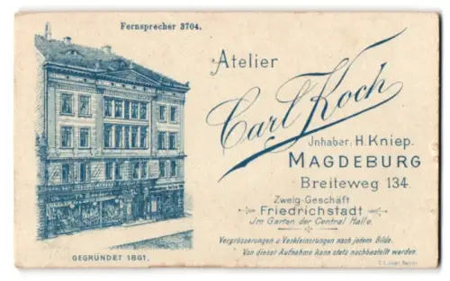 Fotografie Carl Koch, Magdeburg, Breiteweg 134, Blick auf die Aussenfasade des Atelierhaus