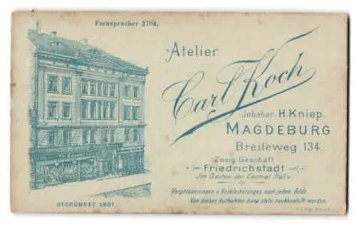 Fotografie Carl Koch, Magdeburg, Breiteweg 134, Front des Atelierhaus in der Aussenansicht