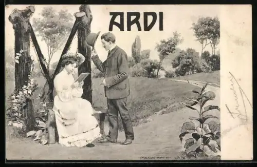 AK Mardi, Buchstabe M aus Holz, Herr stellt sich einer Dame vor