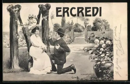 Künstler-AK Brüder Kohn (B.K.W.I) Nr.580-3: Mann schwört seiner Frau ewige Liebe vor dem Buchstabe M