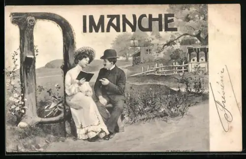 AK Dimanche, Buchstabe D aus Holz, Paar unterhält sich auf einer Bank