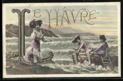 AK Le Havre, Frauen im Badeanzug mit Boot am Buchstaben L