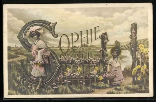 AK Sophie, Junge Frau und Mädchen mit Blumenkorb am Buchstaben S