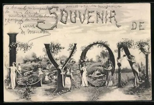 Grusskarten-AK Lyon, Landschaftspanorama mit Buchstaden und Frauen