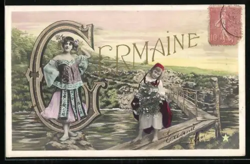 AK Germaine, Junge Frau und Mädchen am Buchstaben G