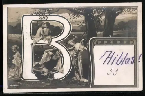 AK Frauen und Kinder sitzen auf Buchstabe B