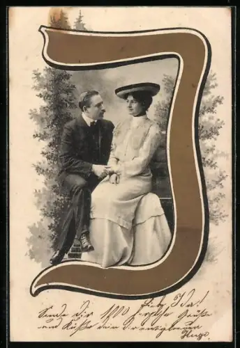 AK Liebespaar im Grünen im Buchstaben J