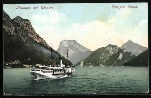AK Traunsee, Raddampfer Gisela und Blick auf das Bergpanorama