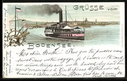 Lithographie Bodensee-Dampfer den Hafen Konstanz verlassend