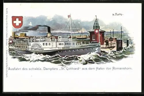 Künstler-AK Romanshorn, Ausfahrt des Bodensee-Dampfers St. Gotthard aus dem Hafen
