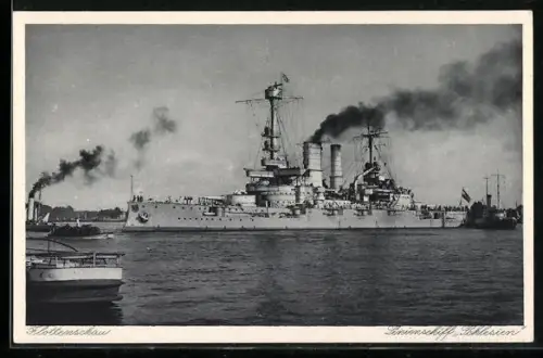 AK Linienschiff Schlesien unter Reichsmarineflagge bei der Flottenschau