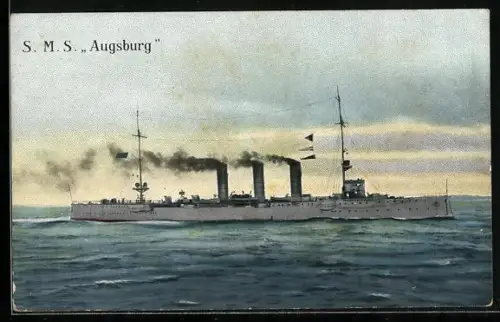 AK Kleiner Kreuzer S.M.S. Augsburg auf See in Fahrt, Kriegsschiff
