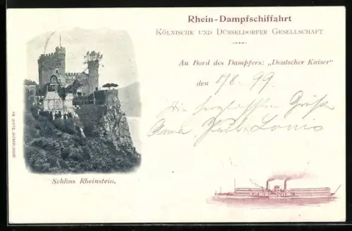 AK Rheinstein, Schloss Rheinstein, Ansicht vom Rheindampfer Deutscher Kaiser