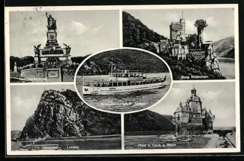 AK Caub a. Rhein, Pfalz bei Caub, Schnellmotorschiff Meteor auf dem Rhein, Ansicht der Loreley