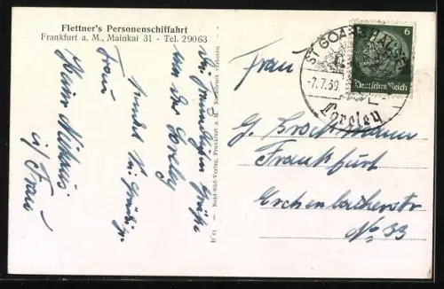 AK Caub a. Rhein, Pfalz bei Caub, Schnellmotorschiff Meteor auf dem Rhein, Ansicht der Loreley