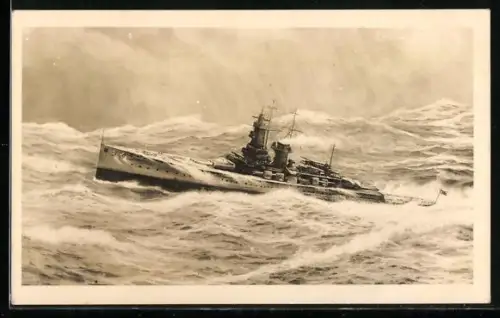 AK Panzerschiff der Kriegsmarine in schwerer See