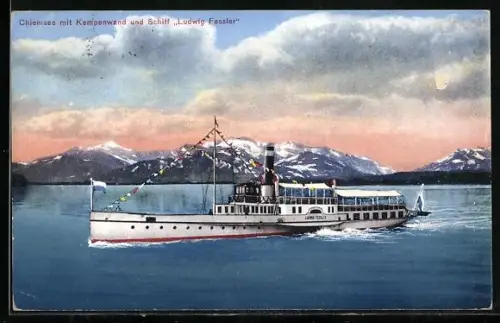 Künstler-AK Chiemsee mit Kampenwand und Dampfer Ludwig Fessler
