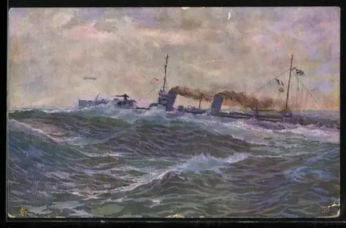 Künstler-AK Torpedoboot auf Vorstoss in schwerer See, Kriegsschiff