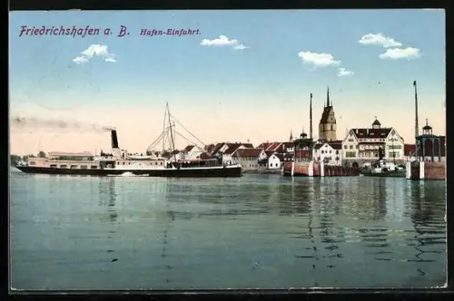 AK Friedrichshafen a. B., Dampfer Königin Charlotte bei der Hafeneinfahrt, Bodensee