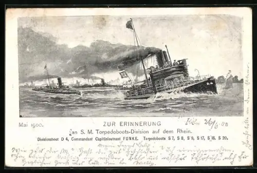 AK Torpedoboots-Division auf dem Rhein Mai 1900, Divisions-Torpedoboot D-4, Kapt.Ltn. Funke, Kriegsschiff