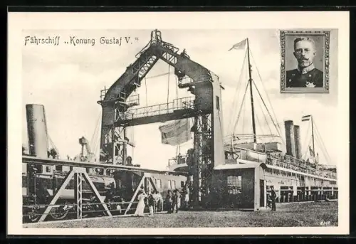 AK Schwedisches Eisenbahn-Fährschiff Konung Gustaf V, einfahrender Zug