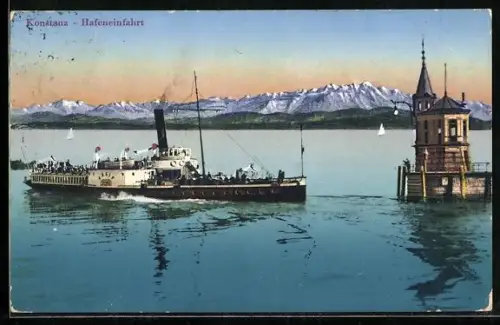 AK Konstanz, Hafeneinfahrt mit Dampfer Greif, Bodensee