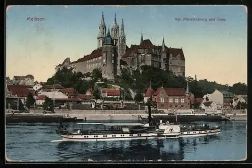 AK Meissen, Raddampfer Kronprinz auf der Elbe, Blick auf Kgl. Albrechtsburg und Dom