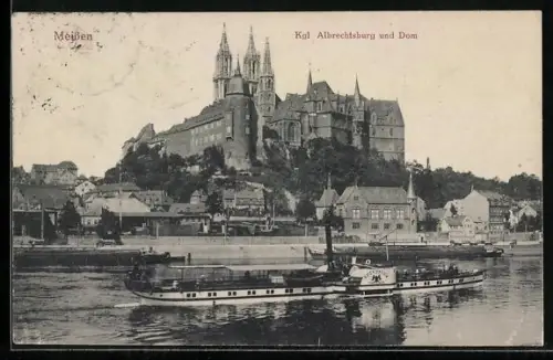 AK Meissen, Raddampfer Kronprinz auf der Elbe, Königliche Albrechtsburg und Dom