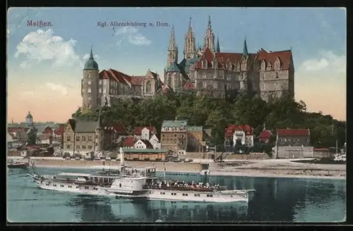 AK Meissen, Raddampfer Bodenbach auf der Elbe vor der Königlichen Albrechtsburg