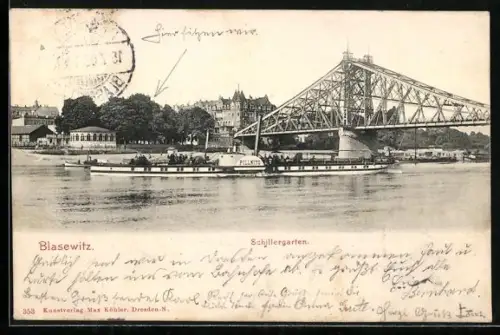 AK Blasewitz, Raddampfer Pillnitz vor dem Restaurant Schillergarten