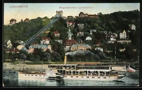 AK Loschwitz, Elbedampfer Karlsbad vor der Bergschwebebahn Loschwitzhöhe